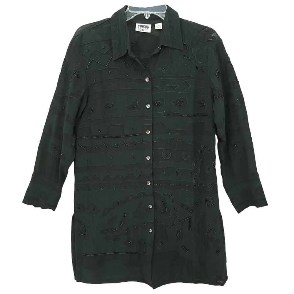 Vintage Black Beaded Rayon Shirt Dress Chico's Size S/M